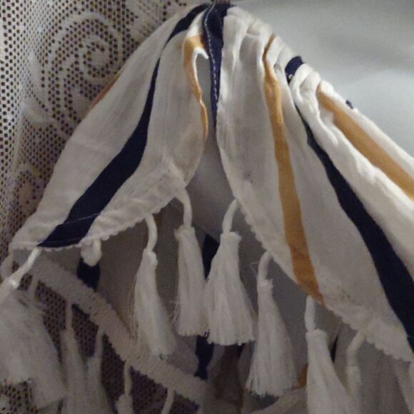 New Kori America Size S Festive Boho Top Navy Gold Stripe Fringe Ruffle Neckline - Picture 3 of 9